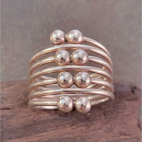 Vintage Sterling Silver Contemporary Double Ball Seven Loop Stacked - Picture 1 of 6